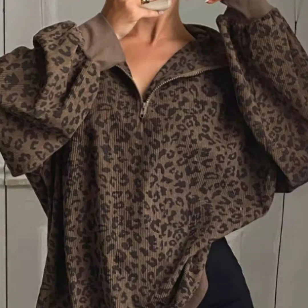 Women Casual Zipper Long Sleeve Leopard Sweatshirt Loose Oversize Retro Hoodie Stand Collar Corduroy Outerwear Pullover Autumn