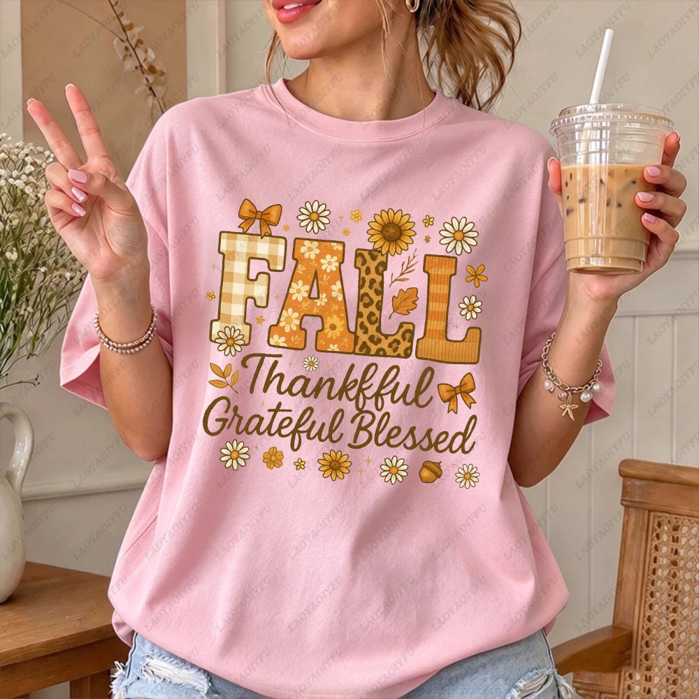 2026 Fall Thankful Grateful Blessed Daisy Graphic Women Casual Short Sleeve Cotton T-Shirt Vintage Thanksgiving Grateful Shirt